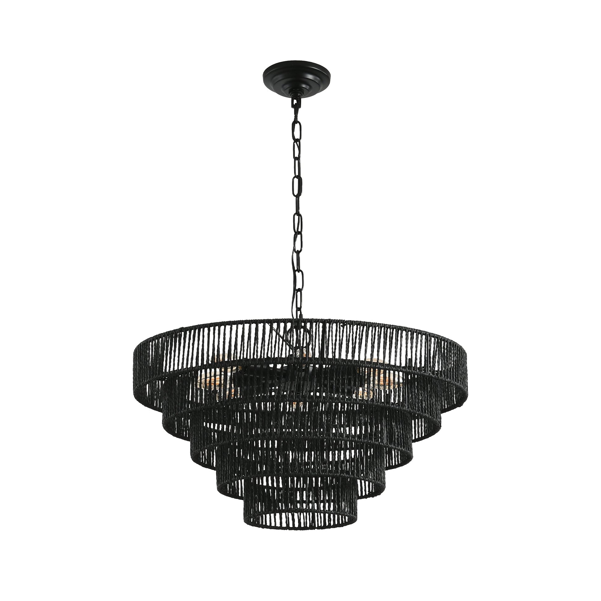 24' Rustic 5 - Tier Black Hemp Rope Pendant Light Chandelier with 8 E12 Sockets, Boho Farmhouse Ceiling Fixture for Dining Room, Kitchen, or Entryway (Bulb Not Included) - 1st Choice Furniture Direct