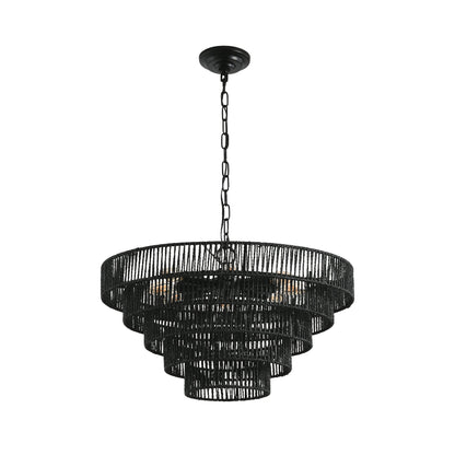 24' Rustic 5 - Tier Black Hemp Rope Pendant Light Chandelier with 8 E12 Sockets, Boho Farmhouse Ceiling Fixture for Dining Room, Kitchen, or Entryway (Bulb Not Included) - 1st Choice Furniture Direct