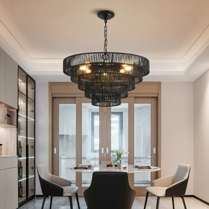 24' Rustic 5 - Tier Black Hemp Rope Pendant Light Chandelier with 8 E12 Sockets, Boho Farmhouse Ceiling Fixture for Dining Room, Kitchen, or Entryway (Bulb Not Included) - 1st Choice Furniture Direct
