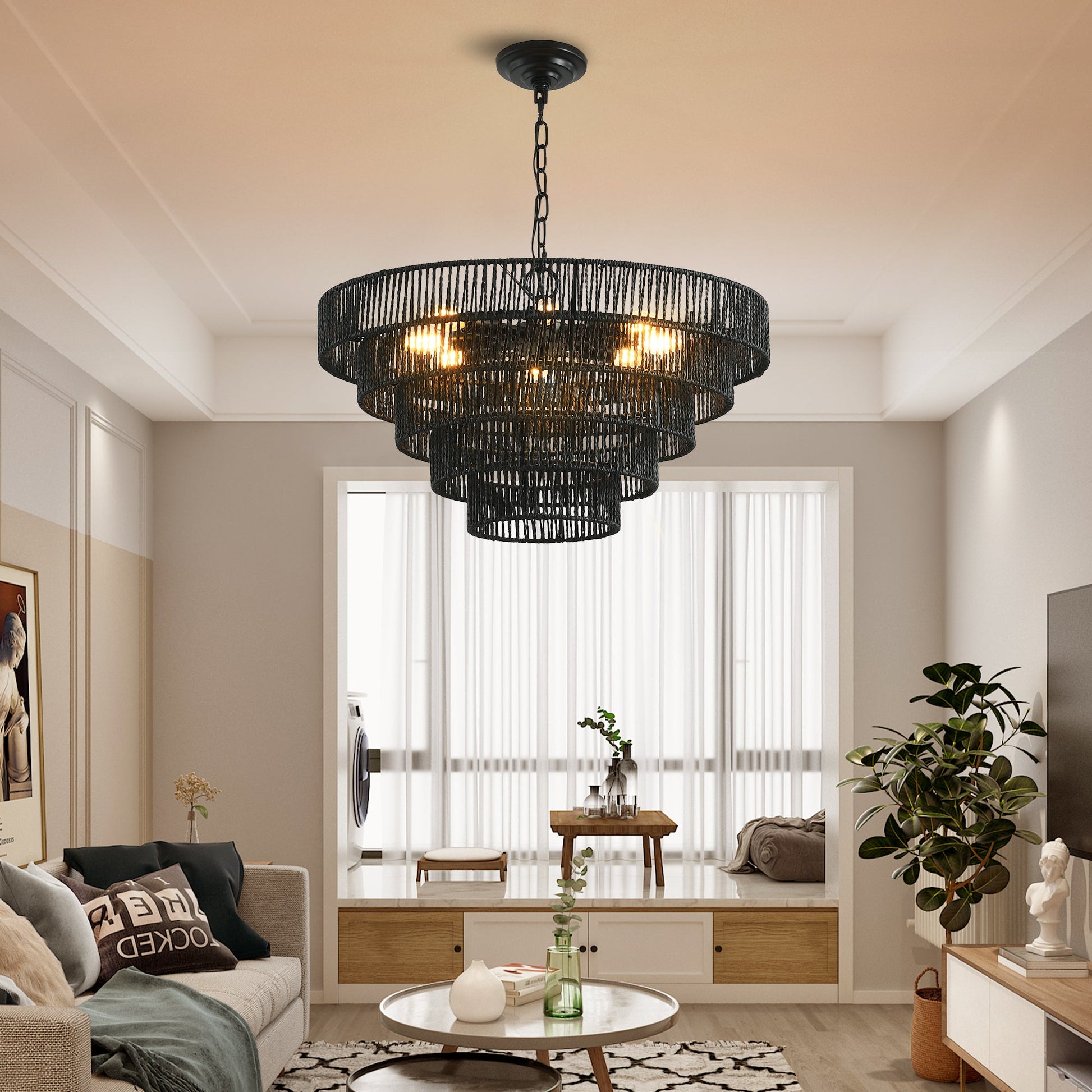 24' Rustic 5 - Tier Black Hemp Rope Pendant Light Chandelier with 8 E12 Sockets, Boho Farmhouse Ceiling Fixture for Dining Room, Kitchen, or Entryway (Bulb Not Included) - 1st Choice Furniture Direct