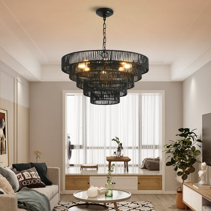 24' Rustic 5 - Tier Black Hemp Rope Pendant Light Chandelier with 8 E12 Sockets, Boho Farmhouse Ceiling Fixture for Dining Room, Kitchen, or Entryway (Bulb Not Included) - 1st Choice Furniture Direct