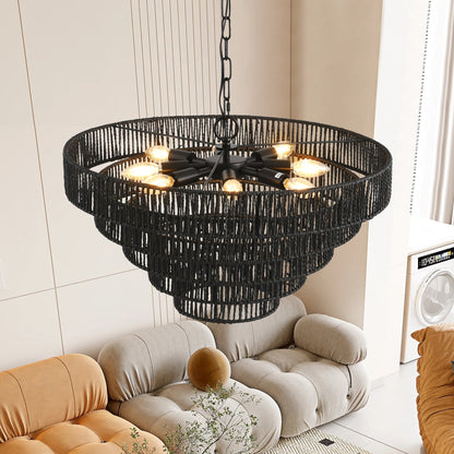 24' Rustic 5 - Tier Black Hemp Rope Pendant Light Chandelier with 8 E12 Sockets, Boho Farmhouse Ceiling Fixture for Dining Room, Kitchen, or Entryway (Bulb Not Included) - 1st Choice Furniture Direct