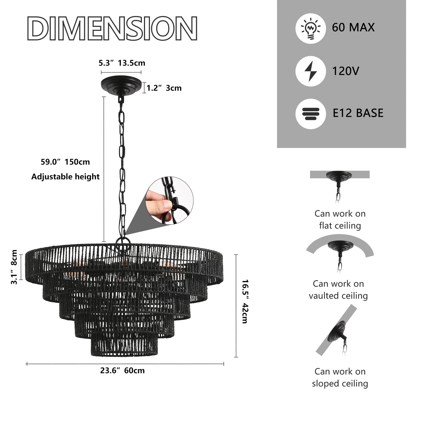 24' Rustic 5 - Tier Black Hemp Rope Pendant Light Chandelier with 8 E12 Sockets, Boho Farmhouse Ceiling Fixture for Dining Room, Kitchen, or Entryway (Bulb Not Included) - 1st Choice Furniture Direct