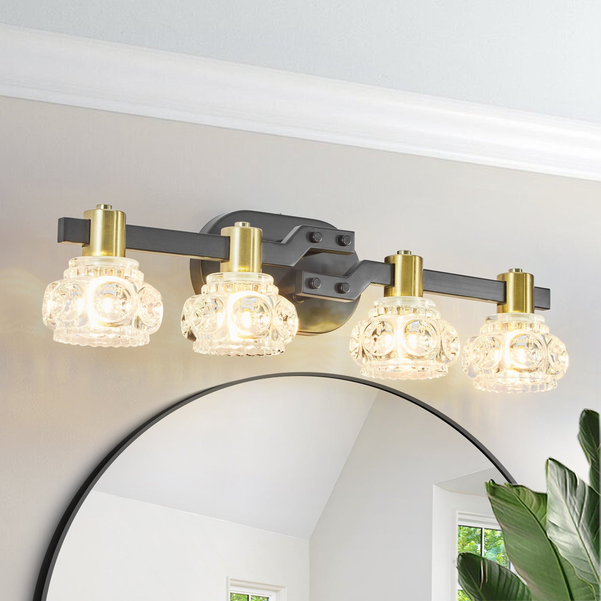 24' Vintage 4 - Light Wall Sconce with Clear Crystal Shades, Black Iron Finish Vanity Light Fixture for Bathroom or Hallway (No Bulbs) - 1st Choice Furniture Direct