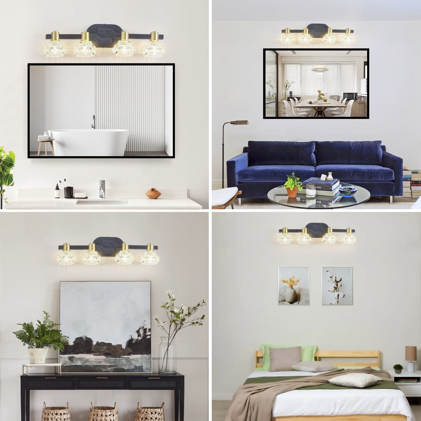 24' Vintage 4 - Light Wall Sconce with Clear Crystal Shades, Black Iron Finish Vanity Light Fixture for Bathroom or Hallway (No Bulbs) - 1st Choice Furniture Direct