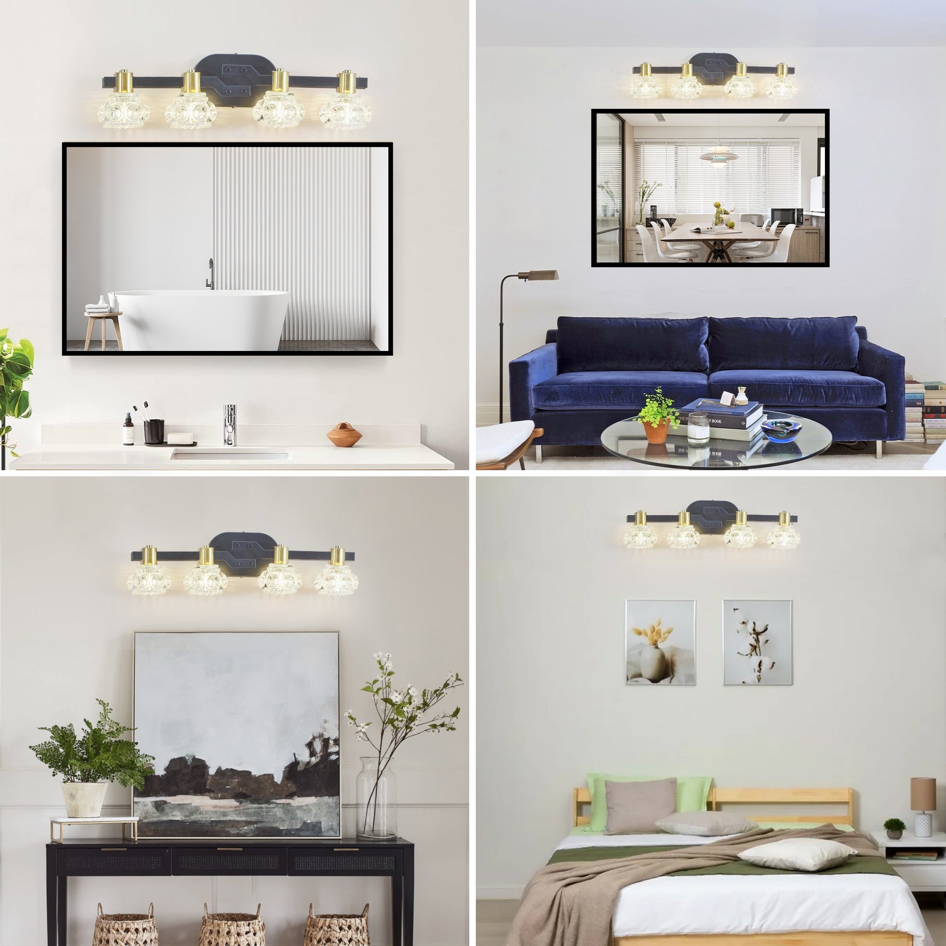 24' Vintage 4 - Light Wall Sconce with Clear Crystal Shades, Black Iron Finish Vanity Light Fixture for Bathroom or Hallway (No Bulbs) - 1st Choice Furniture Direct