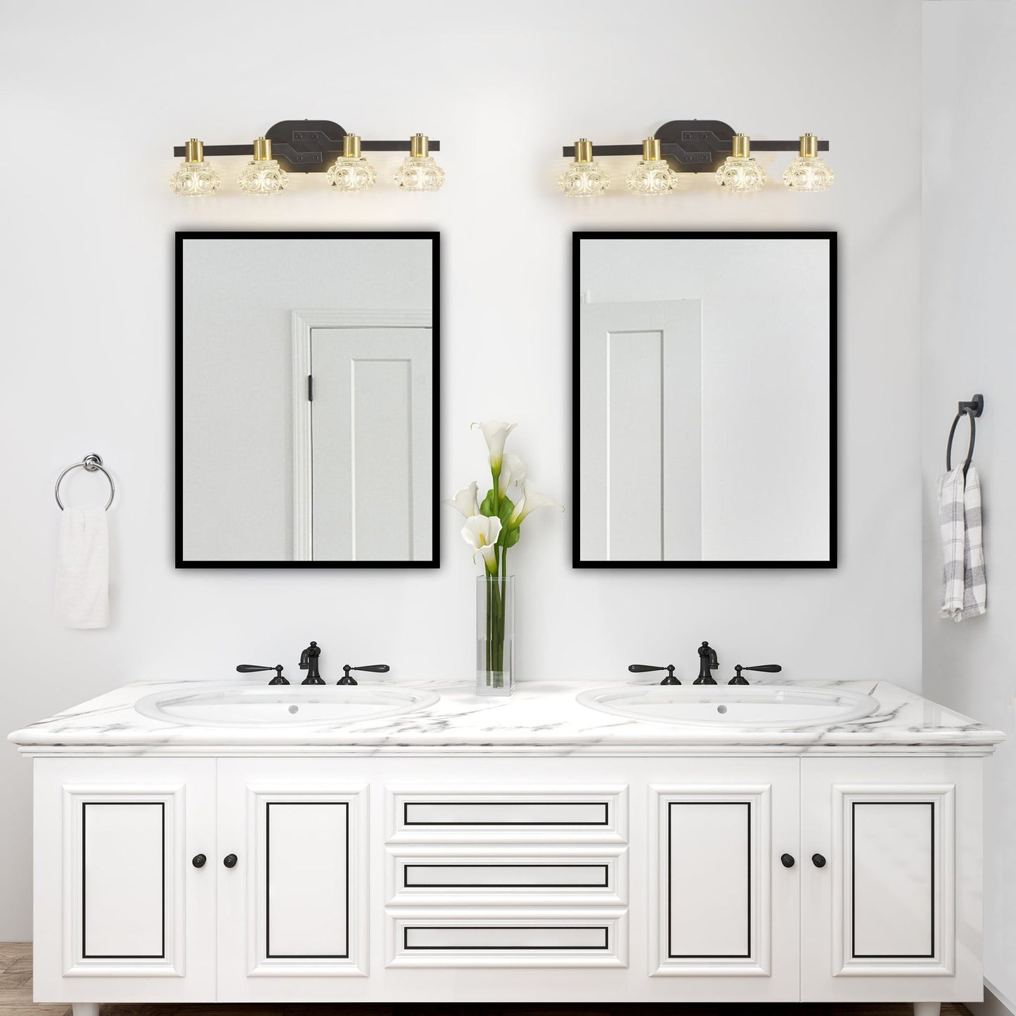 24' Vintage 4 - Light Wall Sconce with Clear Crystal Shades, Black Iron Finish Vanity Light Fixture for Bathroom or Hallway (No Bulbs) - 1st Choice Furniture Direct