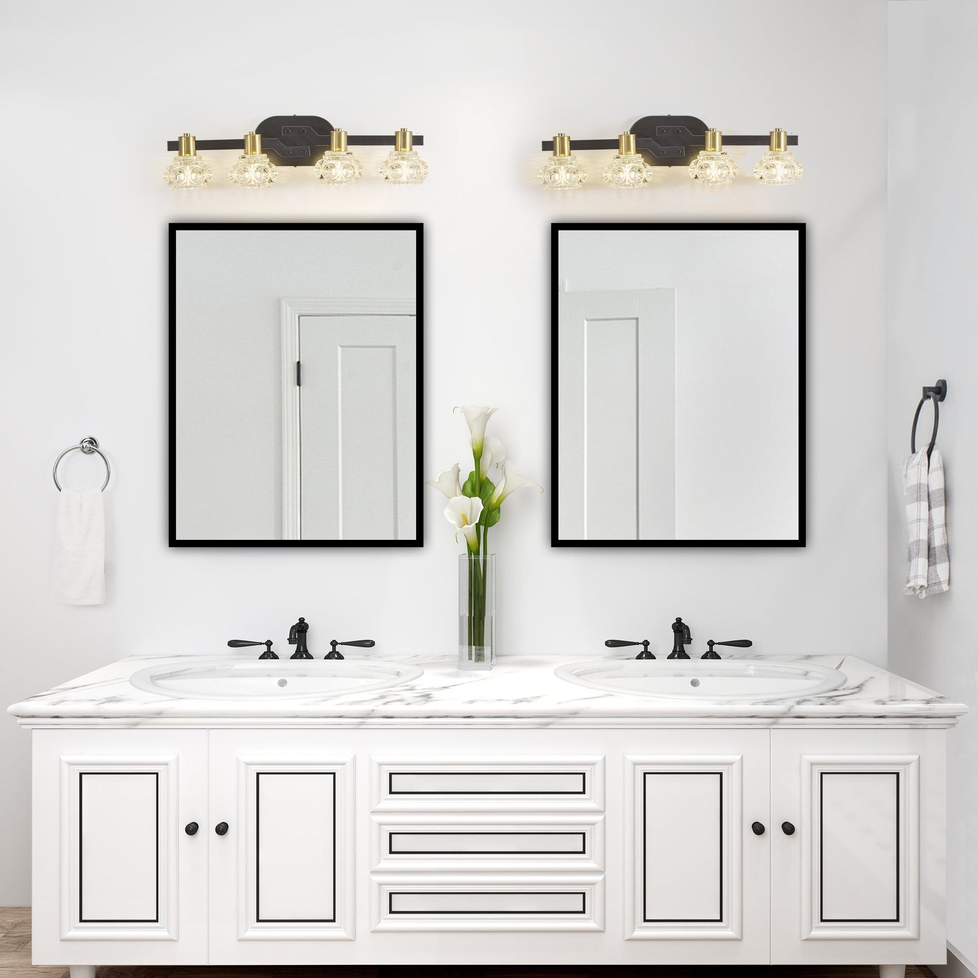 24' Vintage 4 - Light Wall Sconce with Clear Crystal Shades, Black Iron Finish Vanity Light Fixture for Bathroom or Hallway (No Bulbs) - 1st Choice Furniture Direct