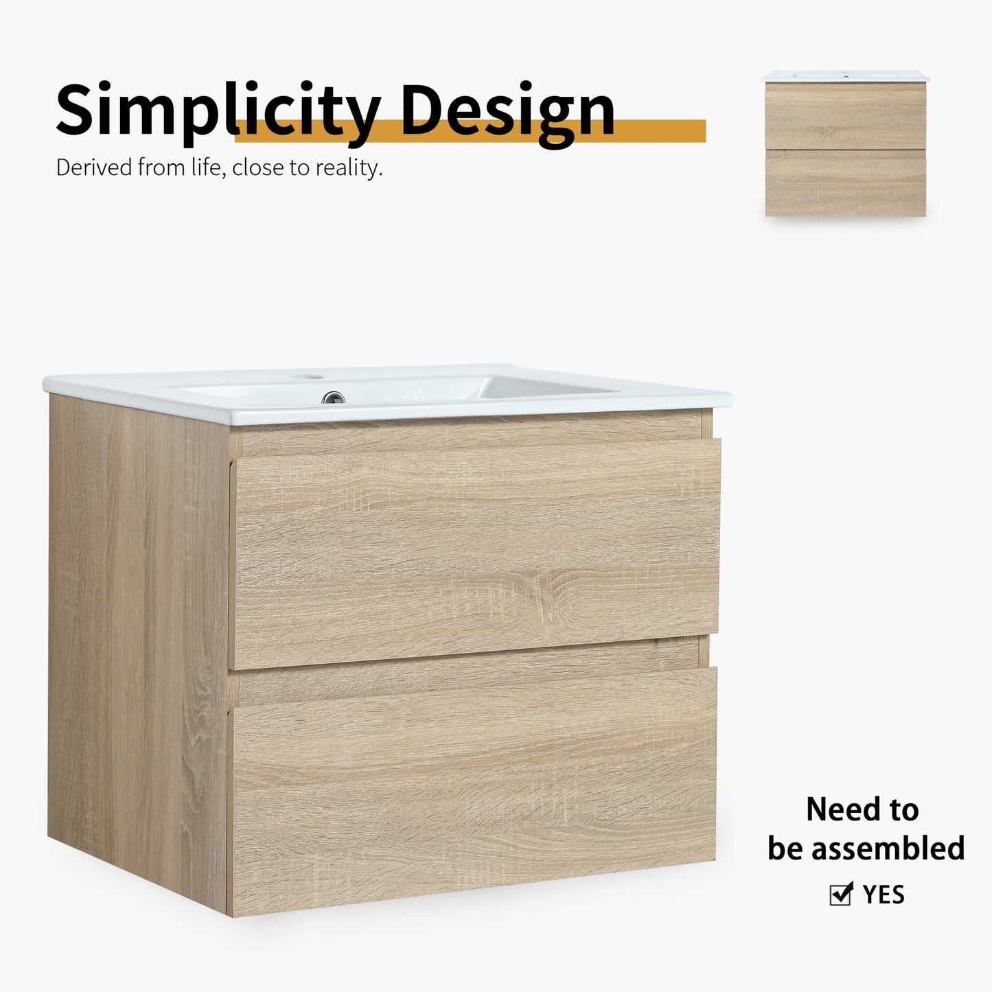 24' Wall - Mounted Bathroom Vanity With Ceramic Sink, 2 - Soft Close Drawers, KD - Package - 1st Choice Furniture Direct