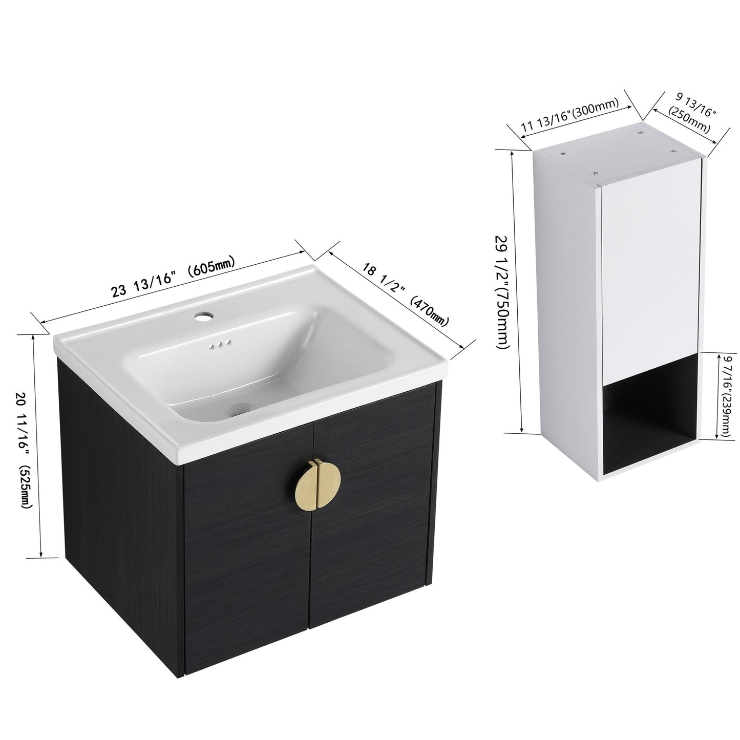 24' Wall - Mounted Bathroom Vanity With Ceramic Sink and Side Cabinet, Soft Close Doors, 00212WHK - 06324BCT Combination Cabinet(KD - Packing) - 1st Choice Furniture Direct