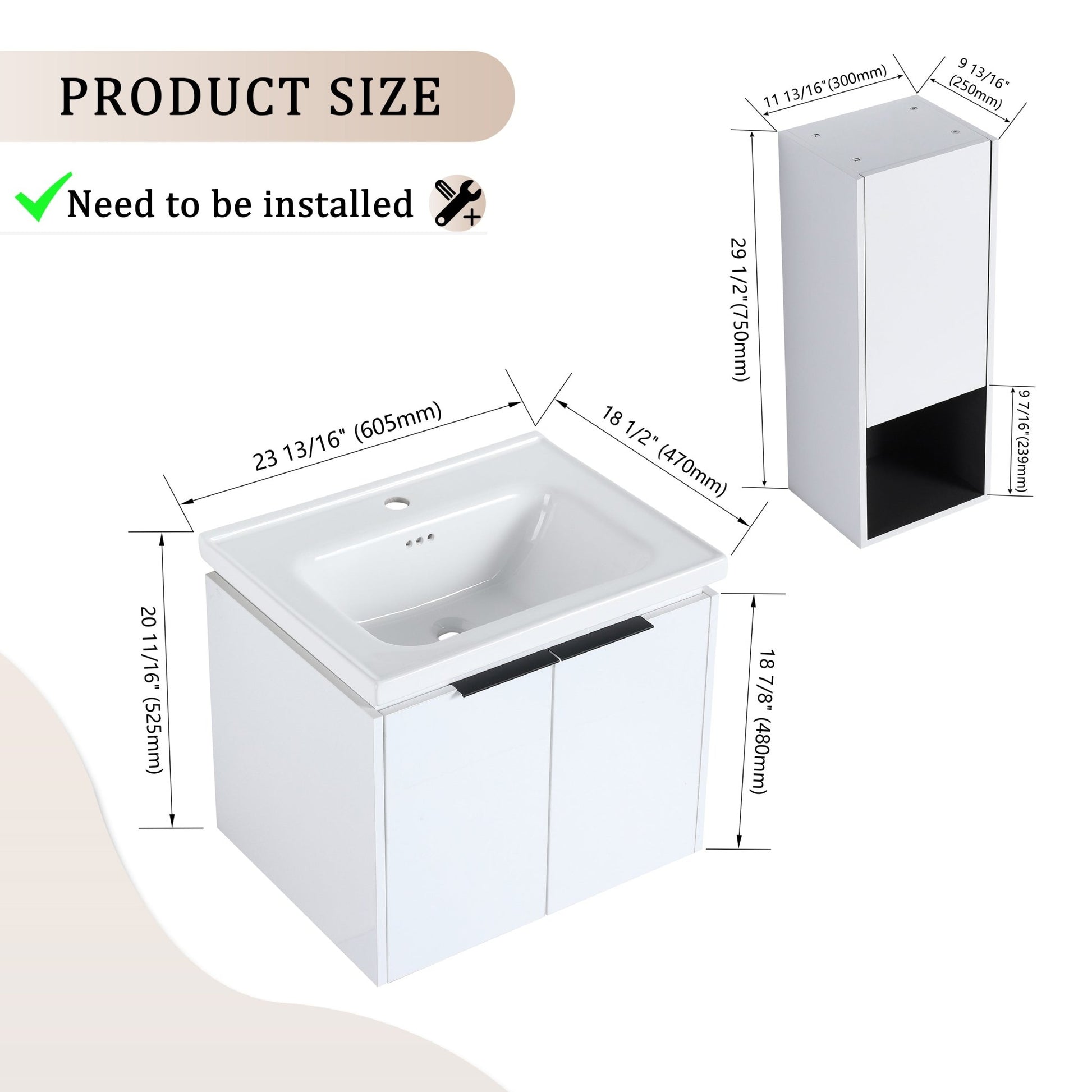 24' Wall - Mounted Bathroom Vanity With Ceramic Sink and Side Cabinet & Soft Close Doors, Combination Cabinet (KD - Package) - 1st Choice Furniture Direct