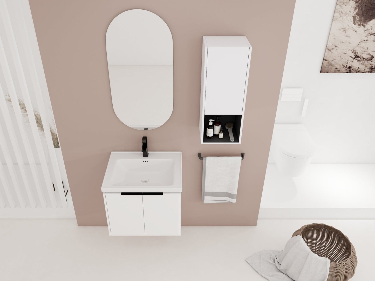 24' Wall - Mounted Bathroom Vanity With Ceramic Sink and Side Cabinet & Soft Close Doors, Combination Cabinet (KD - Package) - 1st Choice Furniture Direct