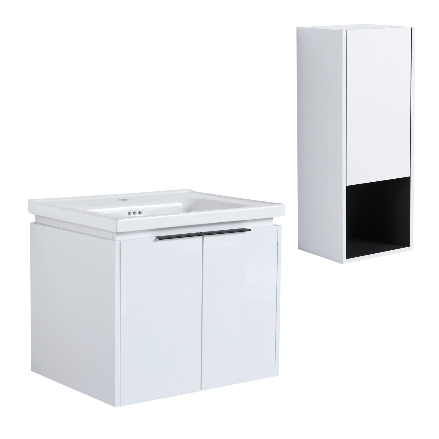 24' Wall - Mounted Bathroom Vanity With Ceramic Sink and Side Cabinet & Soft Close Doors, Combination Cabinet (KD - Package) - 1st Choice Furniture Direct