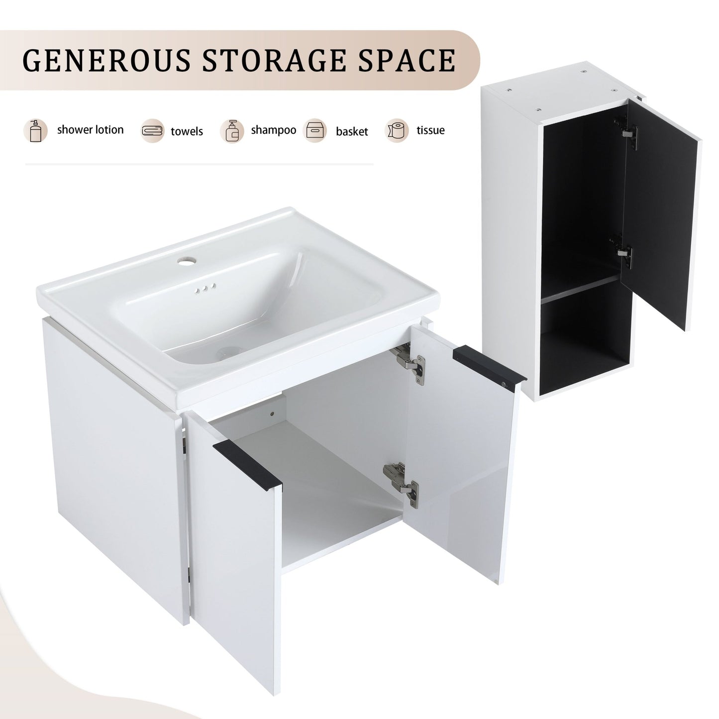 24' Wall - Mounted Bathroom Vanity With Ceramic Sink and Side Cabinet & Soft Close Doors, Combination Cabinet (KD - Package) - 1st Choice Furniture Direct