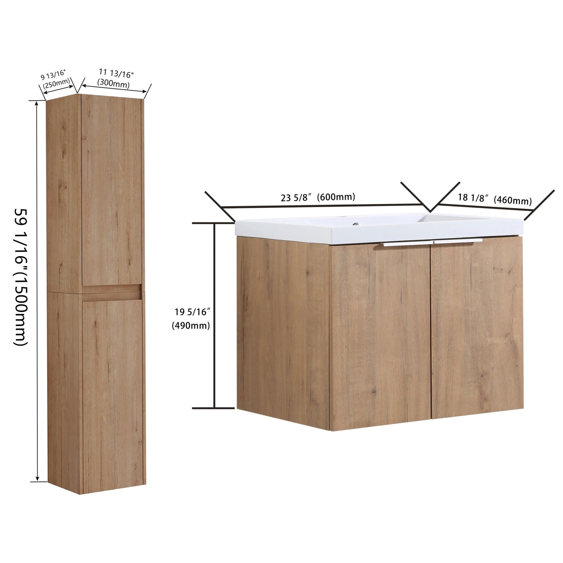 24' Wall - Mounted Bathroom Vanity With Sink and Side Cabinet, Soft Close Doors,00112IMO x 2 - 00624IMO Combination Cabinet(KD - Packing) - 1st Choice Furniture Direct