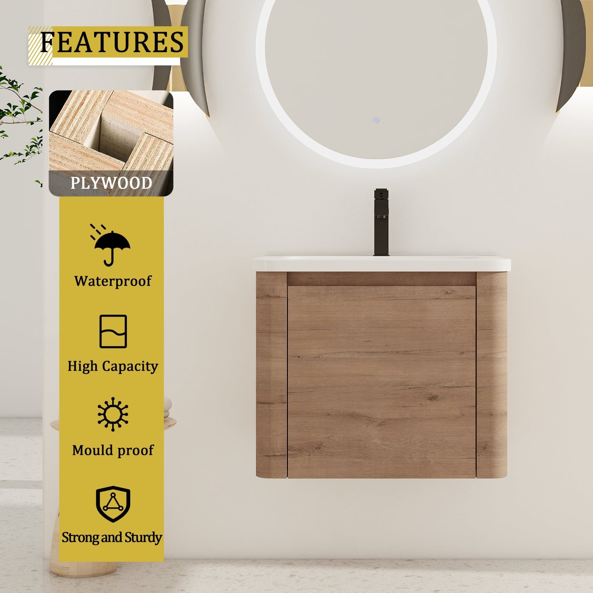 24'' Wall-Mounted Bathroom Vanity with White Ceramic Sink & 1-Soft-Close Door, KD-Packing, Plywood - 1st Choice Furniture Direct