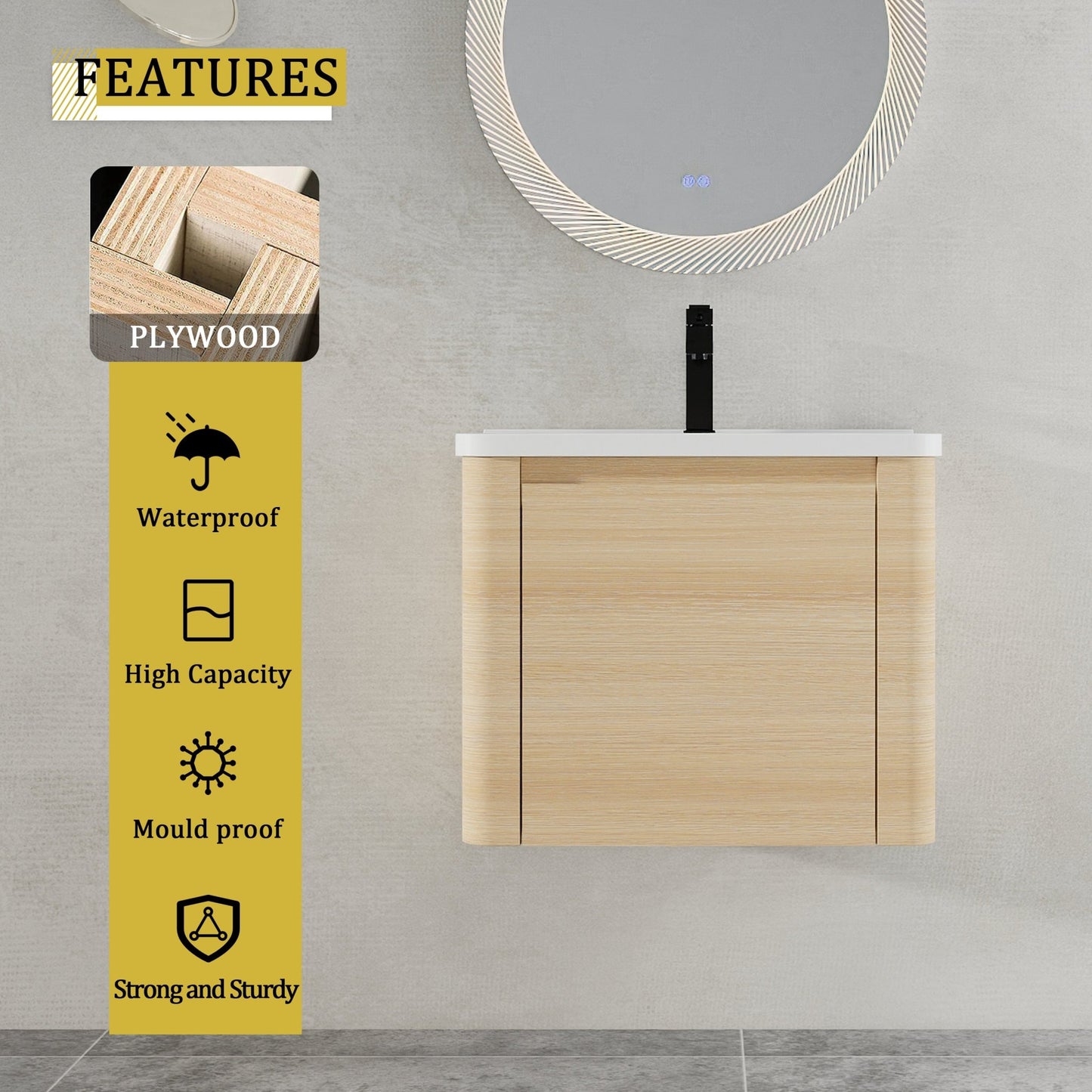 24'' Wall - Mounted Bathroom Vanity with White Ceramic Sink & 1 - Soft - Close Door, KD - Packing, Plywood, American White Oak - 1st Choice Furniture Direct