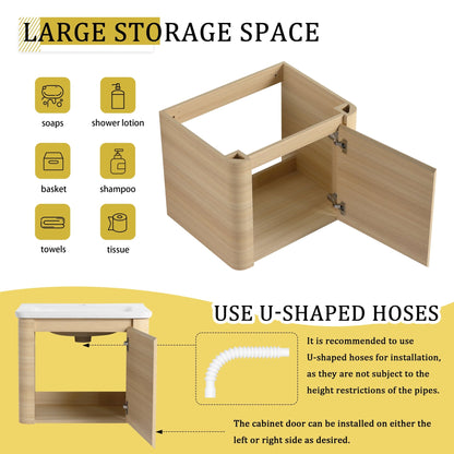 24'' Wall - Mounted Bathroom Vanity with White Ceramic Sink & 1 - Soft - Close Door, KD - Packing, Plywood, American White Oak - 1st Choice Furniture Direct