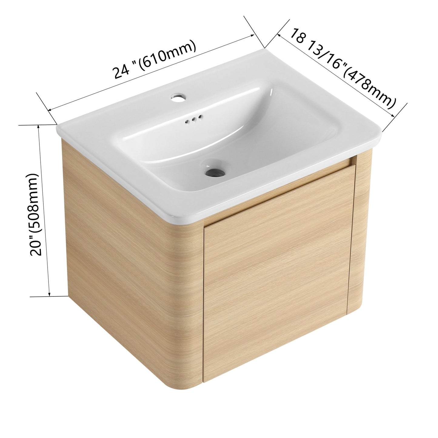 24'' Wall - Mounted Bathroom Vanity with White Ceramic Sink & 1 - Soft - Close Door, KD - Packing, Plywood, American White Oak - 1st Choice Furniture Direct