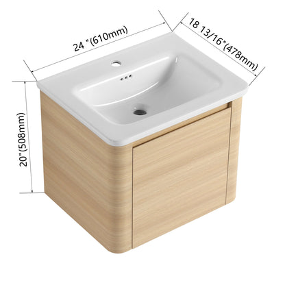 24'' Wall - Mounted Bathroom Vanity with White Ceramic Sink & 1 - Soft - Close Door, KD - Packing, Plywood, American White Oak - 1st Choice Furniture Direct