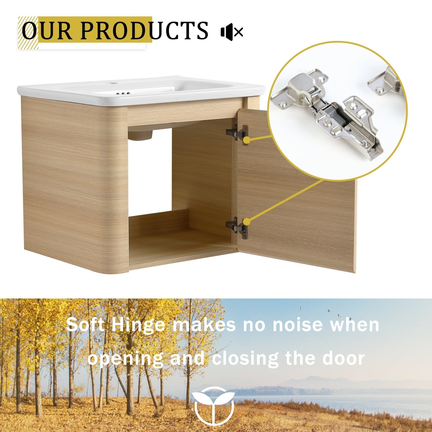24'' Wall - Mounted Bathroom Vanity with White Ceramic Sink & 1 - Soft - Close Door, KD - Packing, Plywood, American White Oak - 1st Choice Furniture Direct