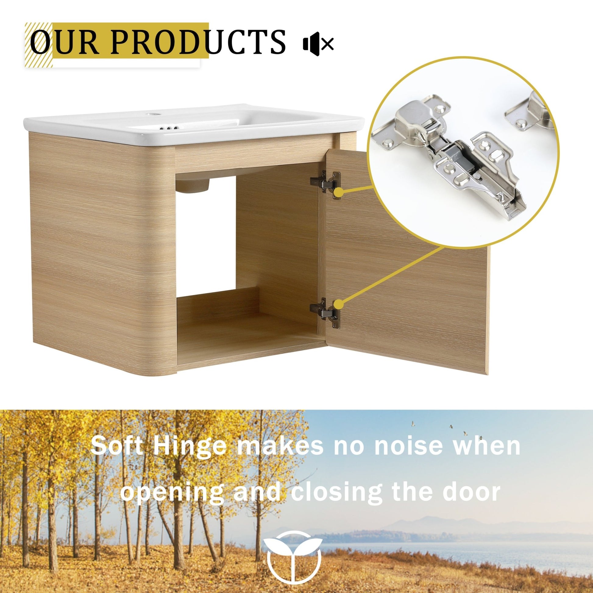 24'' Wall - Mounted Bathroom Vanity with White Ceramic Sink & 1 - Soft - Close Door, KD - Packing, Plywood, American White Oak - 1st Choice Furniture Direct