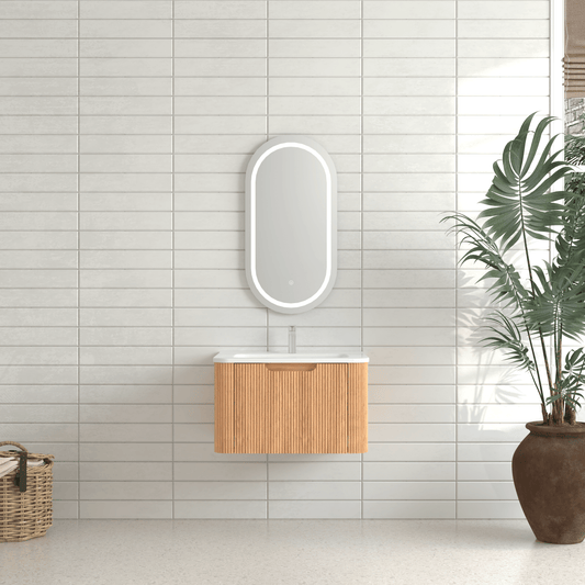 24' Wall - Mounted Floating Bathroom Vanity Pre - Assembled Curved Edge Storage Bathroom Cabinet in Natural Walnut Color with White Ceramic Basin - 1st Choice Furniture Direct