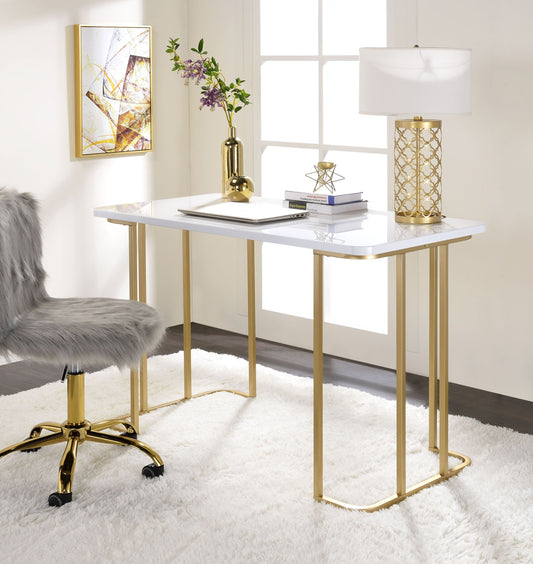 White Writing Desk with Gold Metal Frame for Home Office