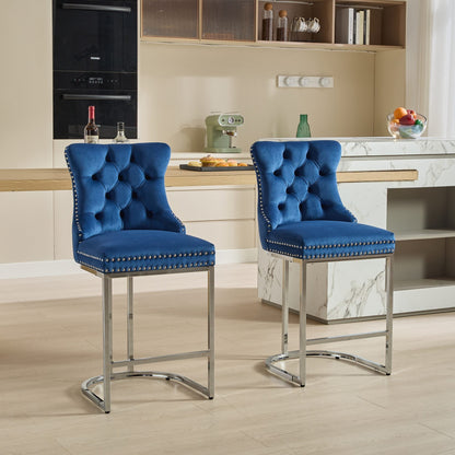 25' Counter Height Bar Stools Set of 2, Modern Velvet Barstools with Button Back&Rivet Trim Upholstered Kitchen Island Chairs with Sturdy Chromed Metal Base Legs Farmhouse Bar Stools, (Blue,2 Pack) - 1st Choice Furniture Direct