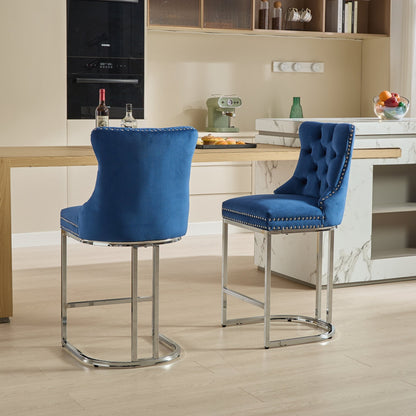 25' Counter Height Bar Stools Set of 2, Modern Velvet Barstools with Button Back&Rivet Trim Upholstered Kitchen Island Chairs with Sturdy Chromed Metal Base Legs Farmhouse Bar Stools, (Blue,2 Pack) - 1st Choice Furniture Direct