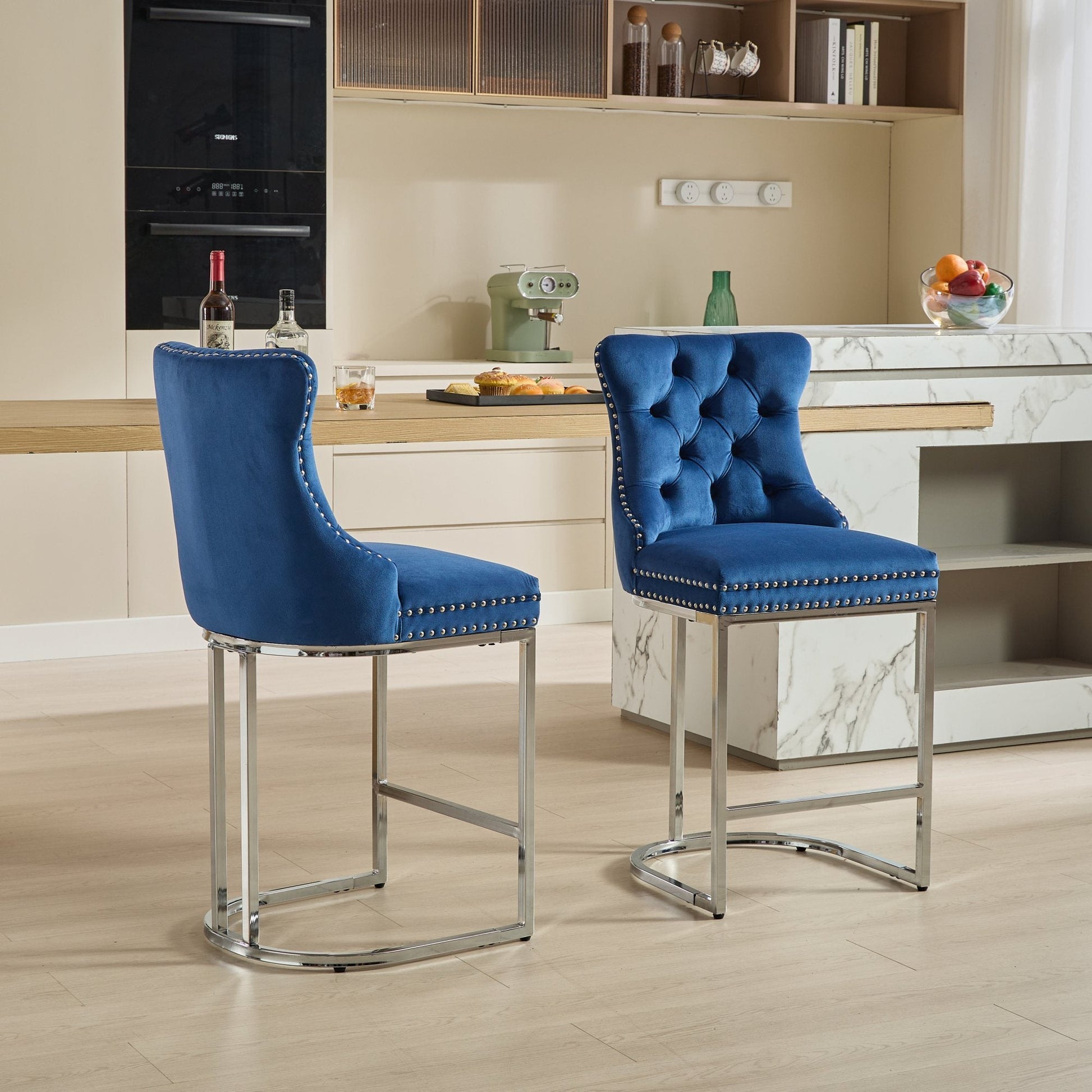 25' Counter Height Bar Stools Set of 2, Modern Velvet Barstools with Button Back&Rivet Trim Upholstered Kitchen Island Chairs with Sturdy Chromed Metal Base Legs Farmhouse Bar Stools, (Blue,2 Pack) - 1st Choice Furniture Direct