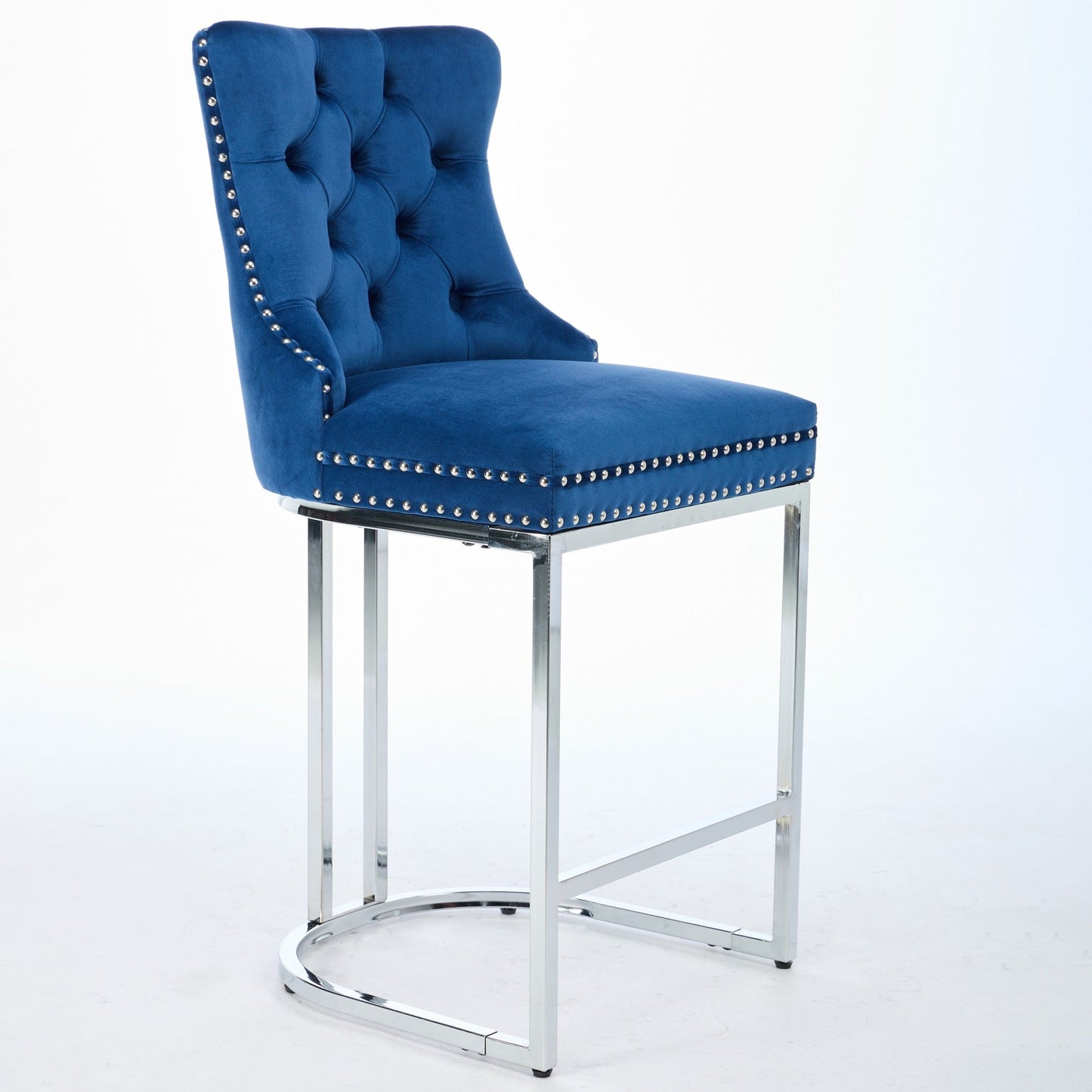 25' Counter Height Bar Stools Set of 2, Modern Velvet Barstools with Button Back&Rivet Trim Upholstered Kitchen Island Chairs with Sturdy Chromed Metal Base Legs Farmhouse Bar Stools, (Blue,2 Pack) - 1st Choice Furniture Direct