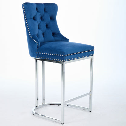 25' Counter Height Bar Stools Set of 2, Modern Velvet Barstools with Button Back&Rivet Trim Upholstered Kitchen Island Chairs with Sturdy Chromed Metal Base Legs Farmhouse Bar Stools, (Blue,2 Pack) - 1st Choice Furniture Direct