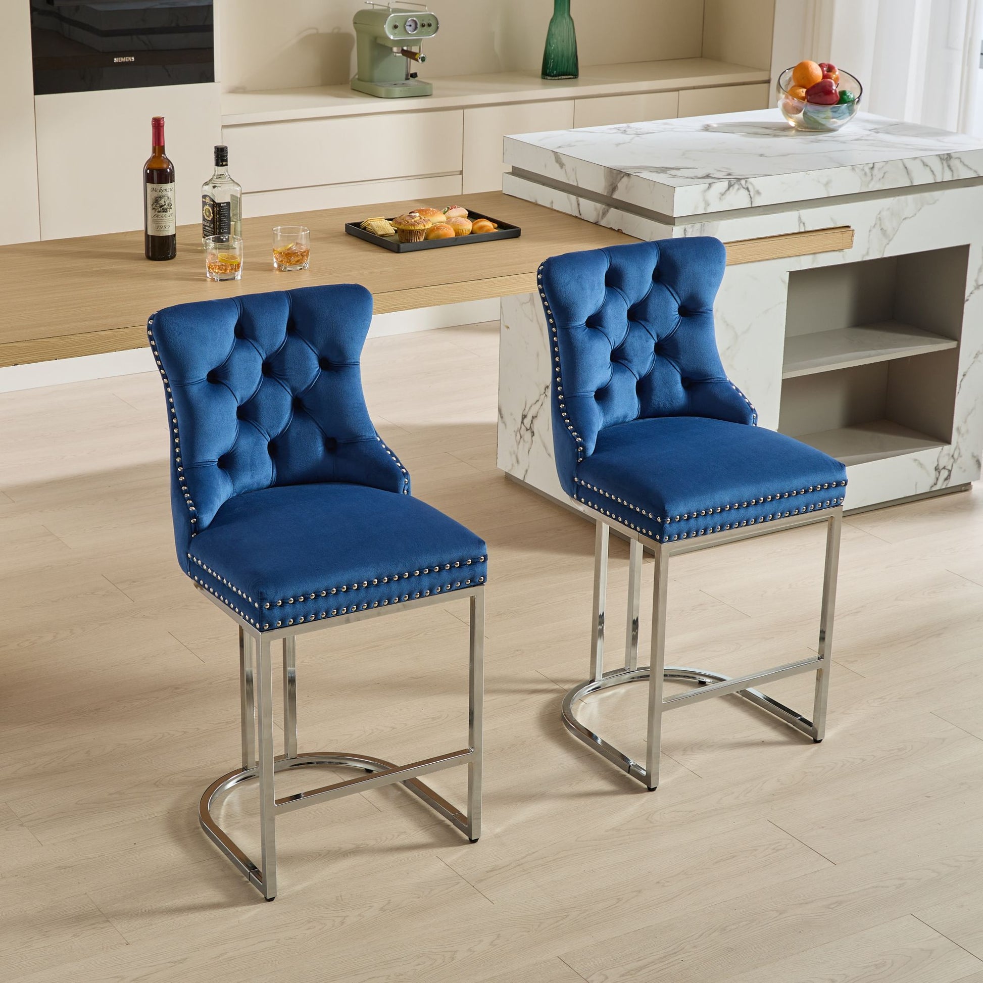 25' Counter Height Bar Stools Set of 2, Modern Velvet Barstools with Button Back&Rivet Trim Upholstered Kitchen Island Chairs with Sturdy Chromed Metal Base Legs Farmhouse Bar Stools, (Blue,2 Pack) - 1st Choice Furniture Direct