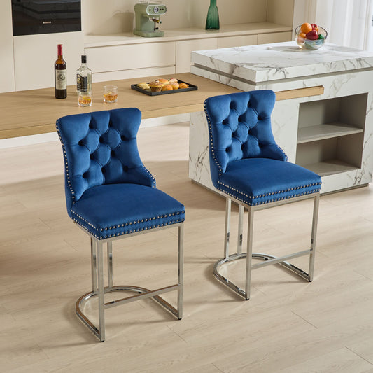 25' Counter Height Bar Stools Set of 2, Modern Velvet Barstools with Button Back&Rivet Trim Upholstered Kitchen Island Chairs with Sturdy Chromed Metal Base Legs Farmhouse Bar Stools, (Blue,2 Pack) - 1st Choice Furniture Direct