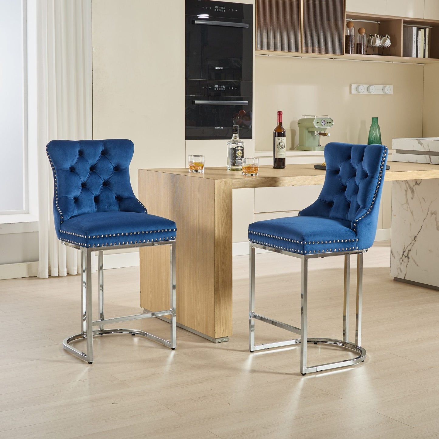25' Counter Height Bar Stools Set of 2, Modern Velvet Barstools with Button Back&Rivet Trim Upholstered Kitchen Island Chairs with Sturdy Chromed Metal Base Legs Farmhouse Bar Stools, (Blue,2 Pack) - 1st Choice Furniture Direct