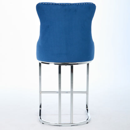 25' Counter Height Bar Stools Set of 2, Modern Velvet Barstools with Button Back&Rivet Trim Upholstered Kitchen Island Chairs with Sturdy Chromed Metal Base Legs Farmhouse Bar Stools, (Blue,2 Pack) - 1st Choice Furniture Direct