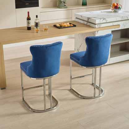 25' Counter Height Bar Stools Set of 2, Modern Velvet Barstools with Button Back&Rivet Trim Upholstered Kitchen Island Chairs with Sturdy Chromed Metal Base Legs Farmhouse Bar Stools, (Blue,2 Pack) - 1st Choice Furniture Direct