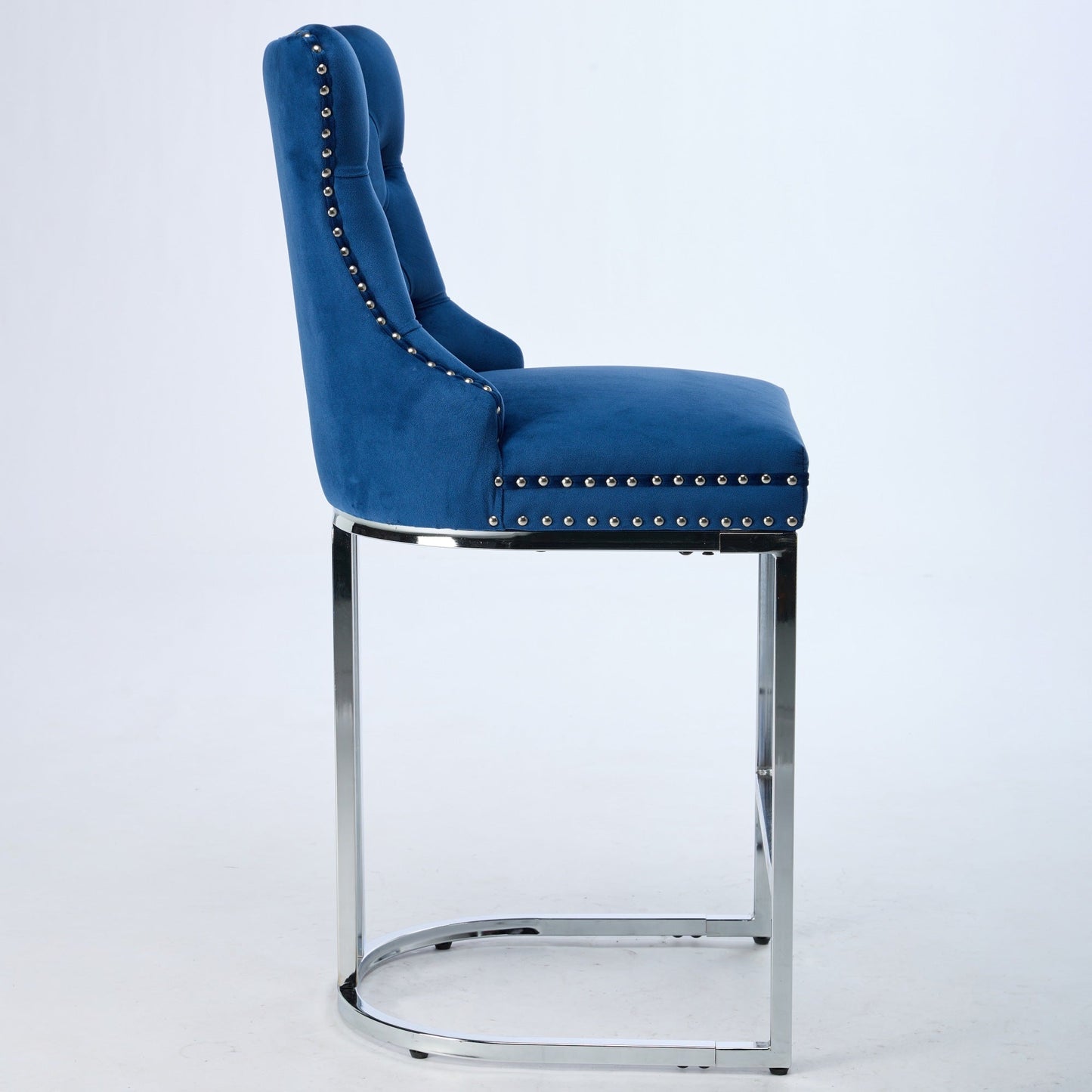 25' Counter Height Bar Stools Set of 2, Modern Velvet Barstools with Button Back&Rivet Trim Upholstered Kitchen Island Chairs with Sturdy Chromed Metal Base Legs Farmhouse Bar Stools, (Blue,2 Pack) - 1st Choice Furniture Direct