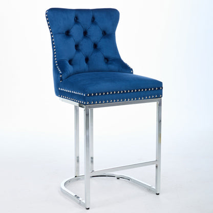 25' Counter Height Bar Stools Set of 2, Modern Velvet Barstools with Button Back&Rivet Trim Upholstered Kitchen Island Chairs with Sturdy Chromed Metal Base Legs Farmhouse Bar Stools, (Blue,2 Pack) - 1st Choice Furniture Direct