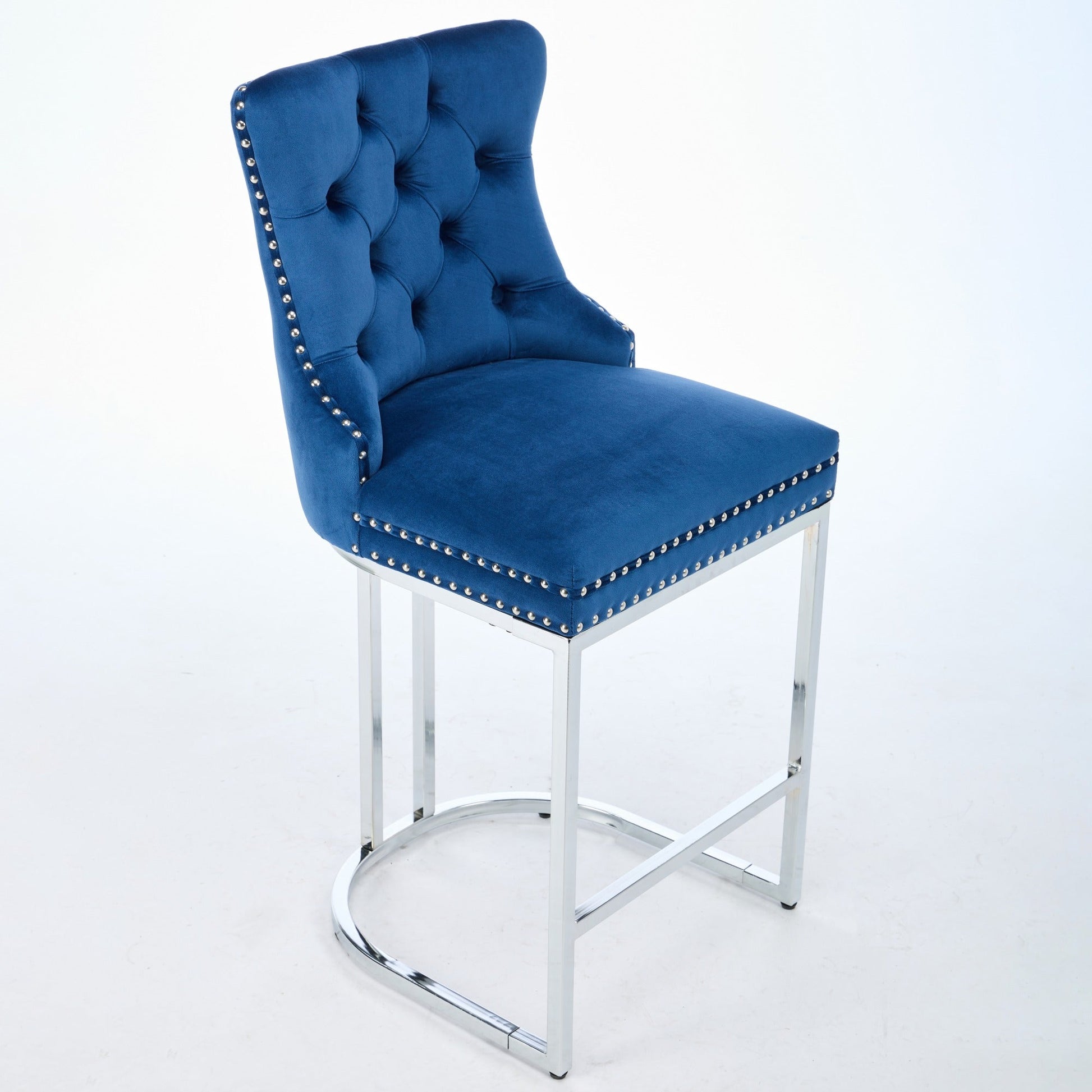 25' Counter Height Bar Stools Set of 2, Modern Velvet Barstools with Button Back&Rivet Trim Upholstered Kitchen Island Chairs with Sturdy Chromed Metal Base Legs Farmhouse Bar Stools, (Blue,2 Pack) - 1st Choice Furniture Direct