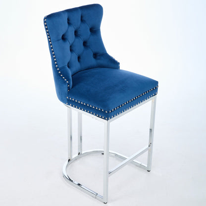 25' Counter Height Bar Stools Set of 2, Modern Velvet Barstools with Button Back&Rivet Trim Upholstered Kitchen Island Chairs with Sturdy Chromed Metal Base Legs Farmhouse Bar Stools, (Blue,2 Pack) - 1st Choice Furniture Direct