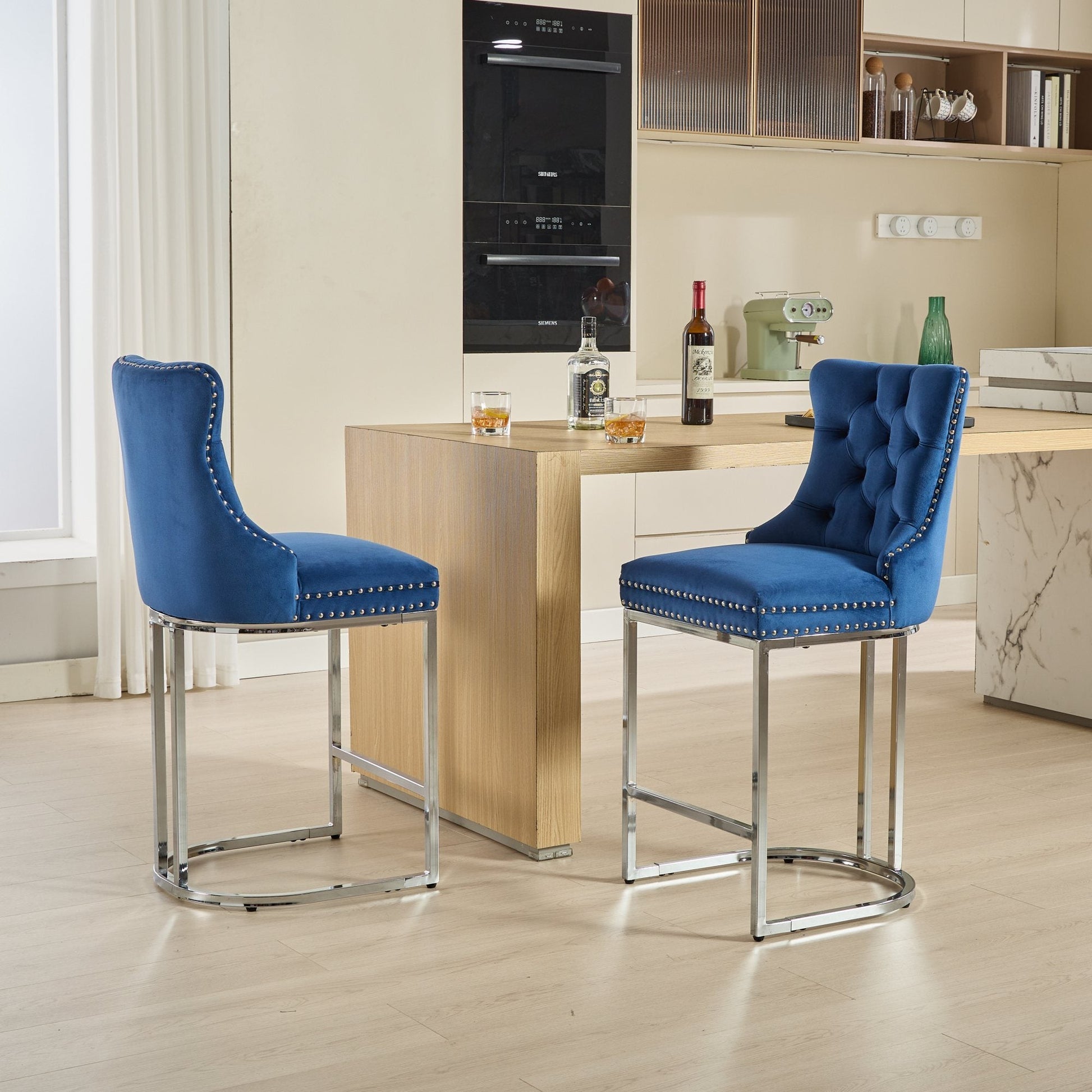25' Counter Height Bar Stools Set of 2, Modern Velvet Barstools with Button Back&Rivet Trim Upholstered Kitchen Island Chairs with Sturdy Chromed Metal Base Legs Farmhouse Bar Stools, (Blue,2 Pack) - 1st Choice Furniture Direct