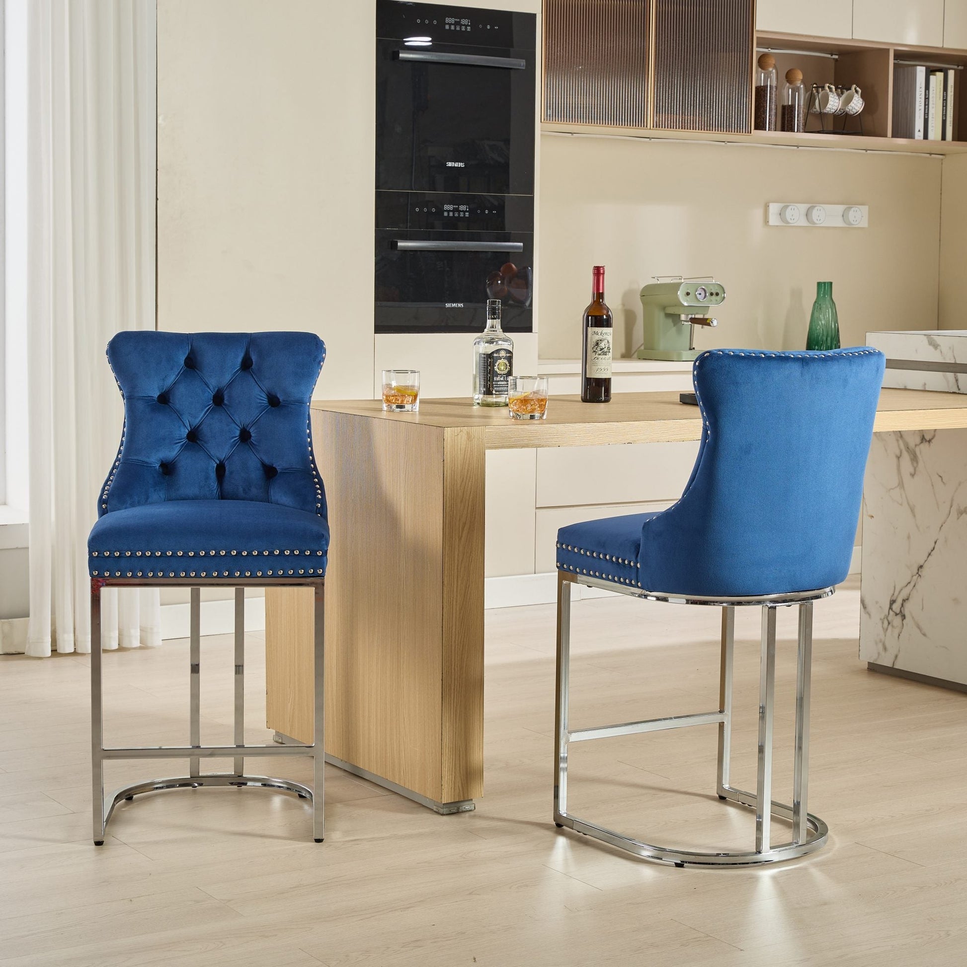 25' Counter Height Bar Stools Set of 2, Modern Velvet Barstools with Button Back&Rivet Trim Upholstered Kitchen Island Chairs with Sturdy Chromed Metal Base Legs Farmhouse Bar Stools, (Blue,2 Pack) - 1st Choice Furniture Direct