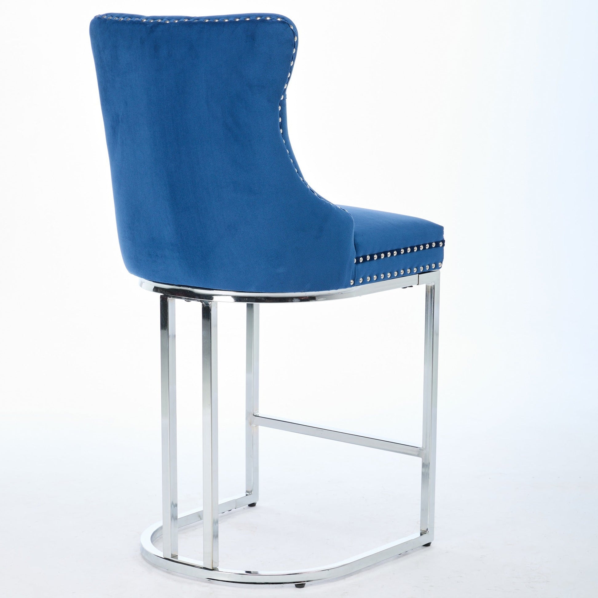 25' Counter Height Bar Stools Set of 2, Modern Velvet Barstools with Button Back&Rivet Trim Upholstered Kitchen Island Chairs with Sturdy Chromed Metal Base Legs Farmhouse Bar Stools, (Blue,2 Pack) - 1st Choice Furniture Direct