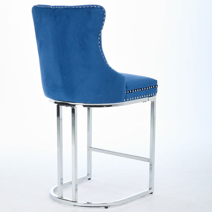 25' Counter Height Bar Stools Set of 2, Modern Velvet Barstools with Button Back&Rivet Trim Upholstered Kitchen Island Chairs with Sturdy Chromed Metal Base Legs Farmhouse Bar Stools, (Blue,2 Pack) - 1st Choice Furniture Direct