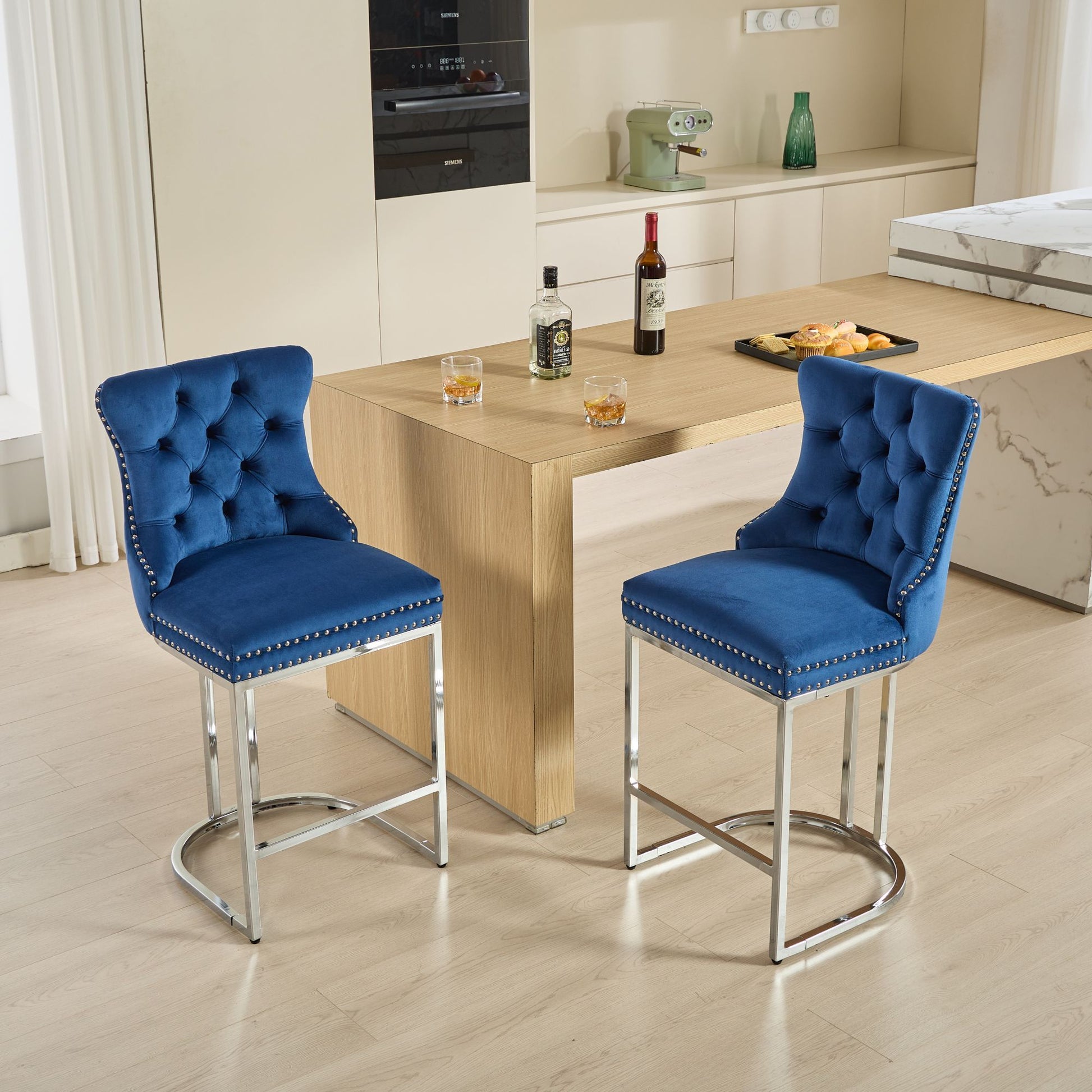 25' Counter Height Bar Stools Set of 2, Modern Velvet Barstools with Button Back&Rivet Trim Upholstered Kitchen Island Chairs with Sturdy Chromed Metal Base Legs Farmhouse Bar Stools, (Blue,2 Pack) - 1st Choice Furniture Direct