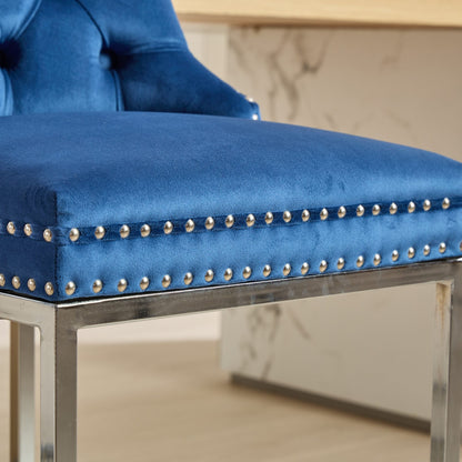 25' Counter Height Bar Stools Set of 2, Modern Velvet Barstools with Button Back&Rivet Trim Upholstered Kitchen Island Chairs with Sturdy Chromed Metal Base Legs Farmhouse Bar Stools, (Blue,2 Pack) - 1st Choice Furniture Direct