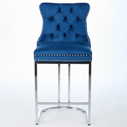 25' Counter Height Bar Stools Set of 2, Modern Velvet Barstools with Button Back&Rivet Trim Upholstered Kitchen Island Chairs with Sturdy Chromed Metal Base Legs Farmhouse Bar Stools, (Blue,2 Pack) - 1st Choice Furniture Direct