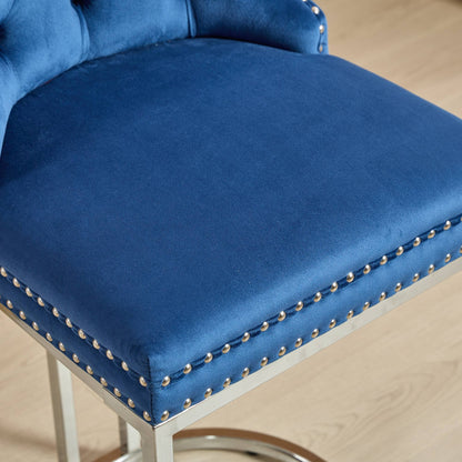25' Counter Height Bar Stools Set of 2, Modern Velvet Barstools with Button Back&Rivet Trim Upholstered Kitchen Island Chairs with Sturdy Chromed Metal Base Legs Farmhouse Bar Stools, (Blue,2 Pack) - 1st Choice Furniture Direct